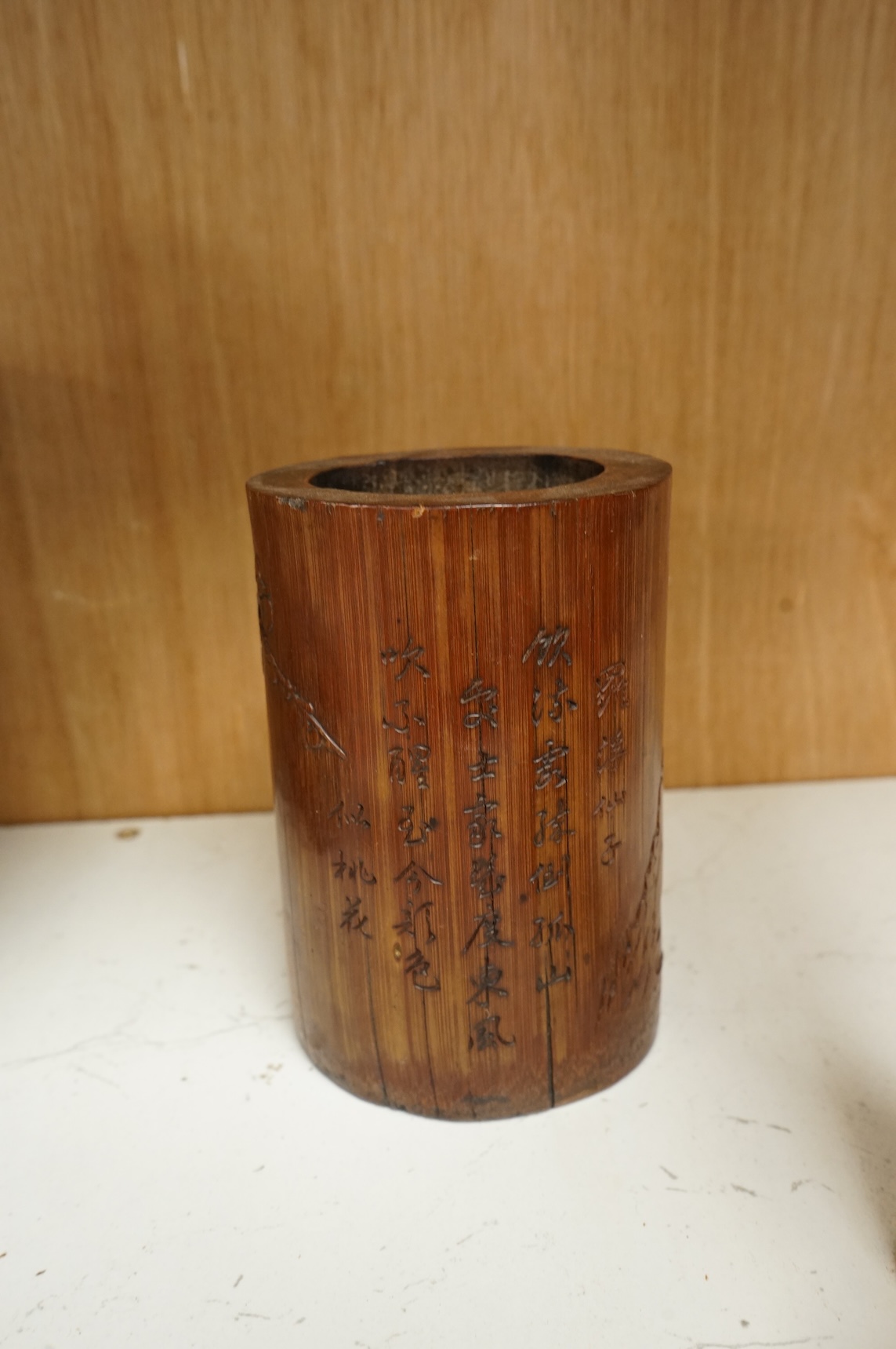 Oriental items to include a crackleglaze bowl on stand and a bamboo brush pot, together with two other vessels, largest 27cm in diameter
